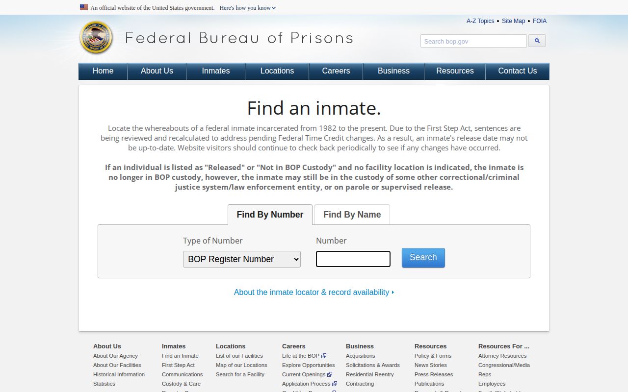 Federal Bureau of Prisons former-prisoner release locator