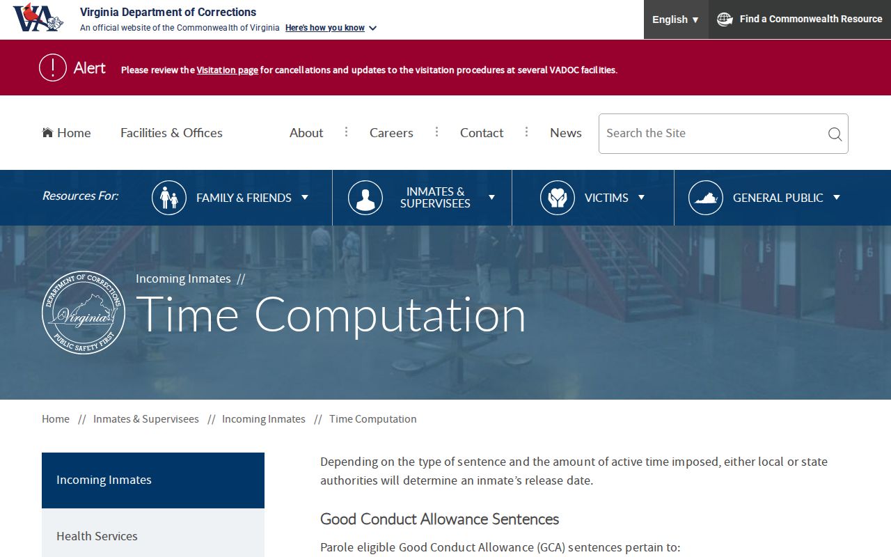 VADOC sentence computation for an Albemarle County inmate release date